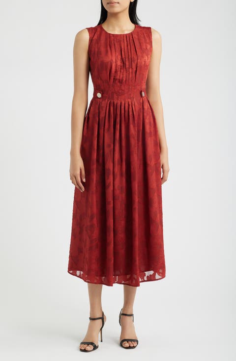 Pleated Floral Jacquard Midi A Line Dress