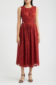 Anne Klein Pleated Floral Jacquard Midi A Line Dress