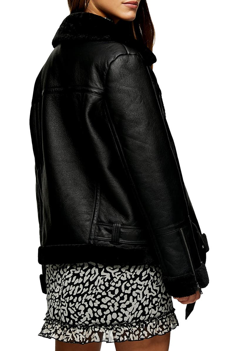 Topshop Fleece & Faux Leather Moto Jacket, Alternate, color,