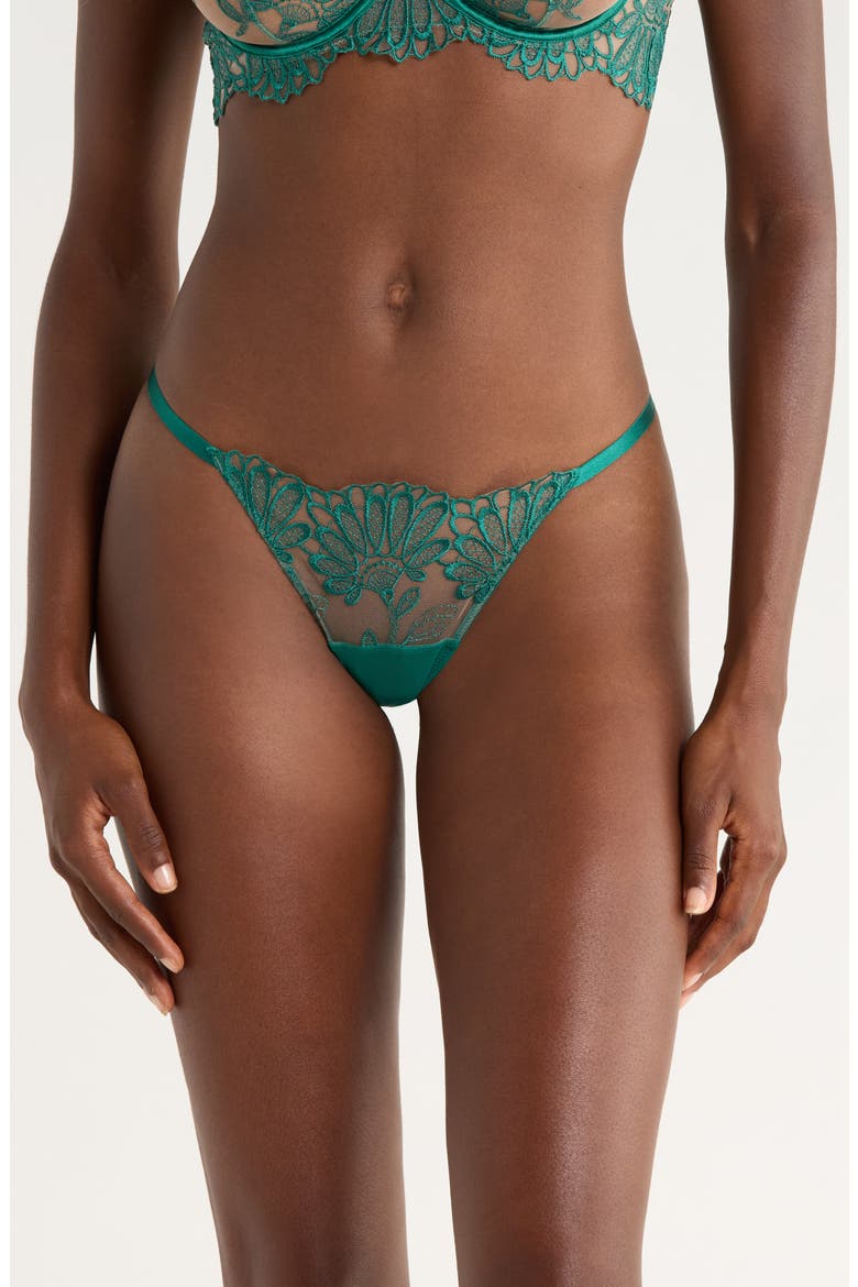 Amaris Embroidered Satin & Tulle Thong, Main, color, AVENTURINE GREEN/ SHEER