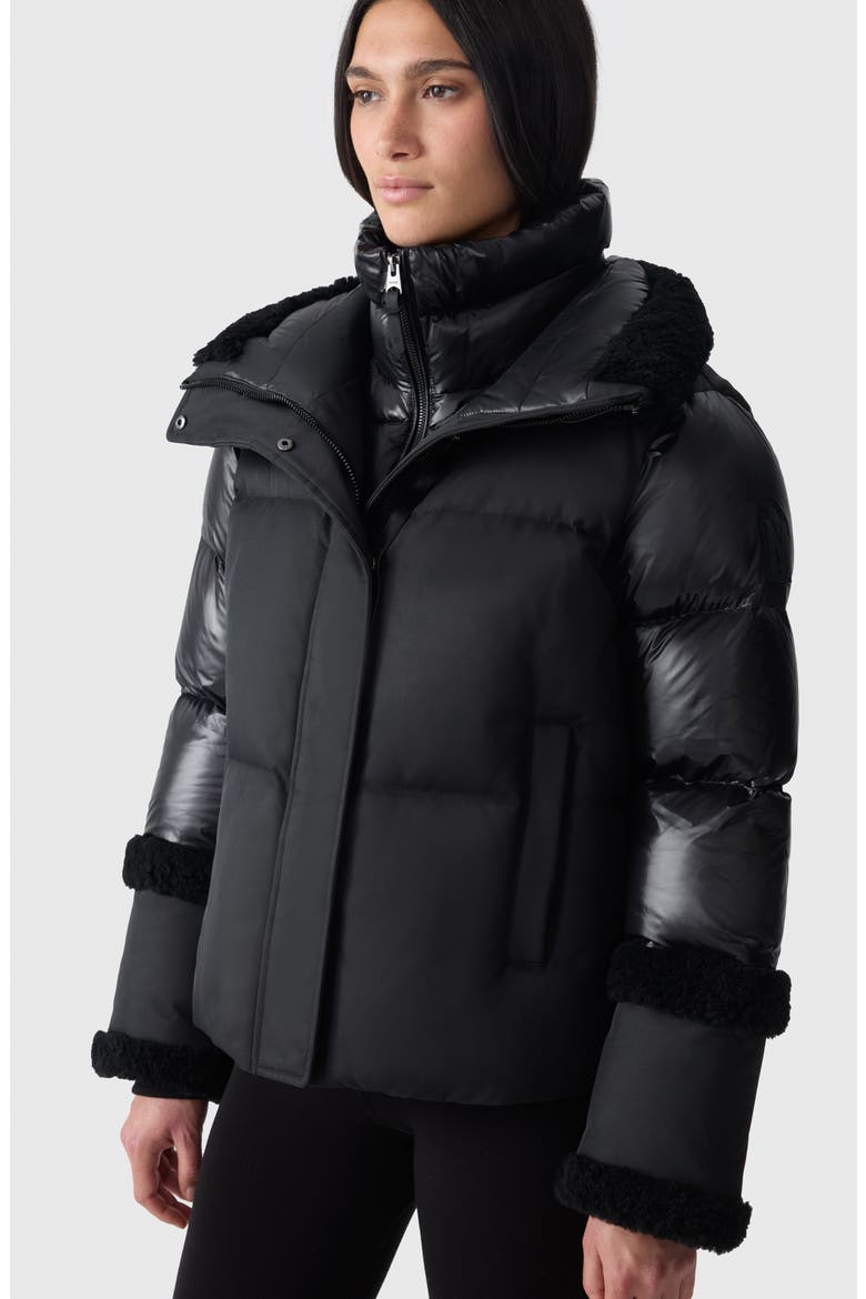 Lydana Down Jacket with Genuine Shearling Trim and Removable Bib, Alternate, color, BLACK
