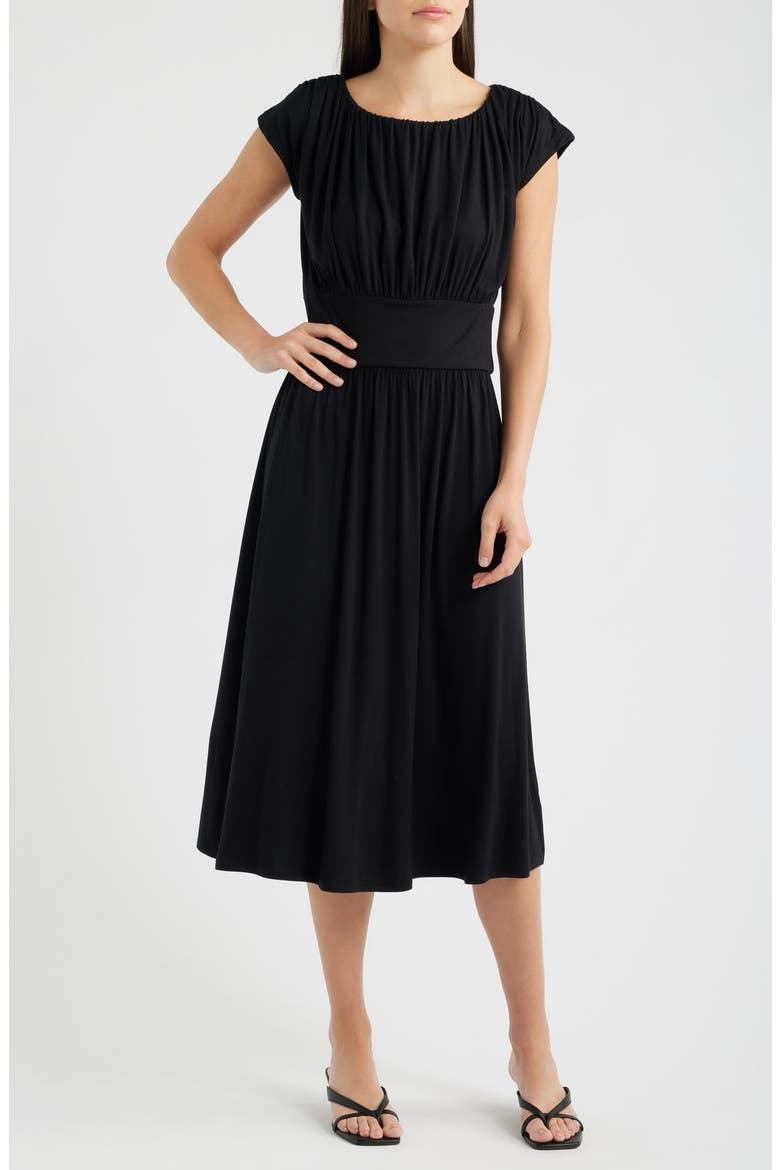 Cap Sleeve Ruched Knit Midi Dress, Main, color, BLACK