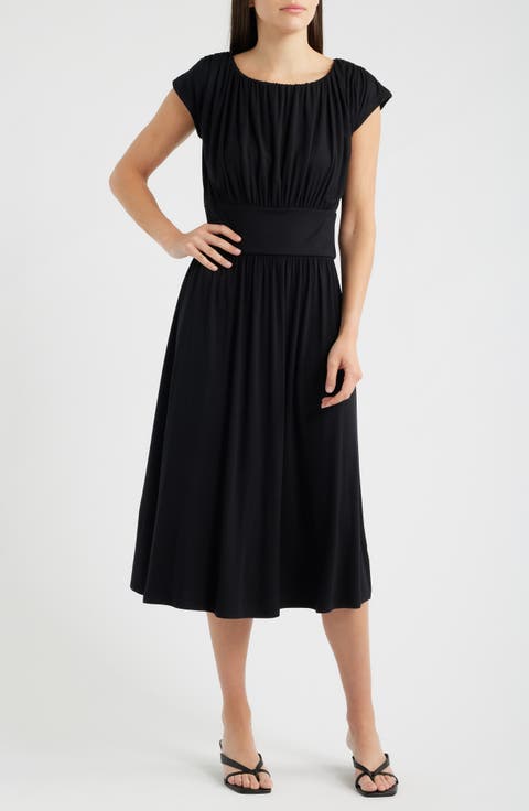 Cap Sleeve Ruched Knit Midi Dress