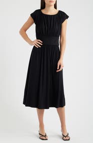 Loveappella Cap Sleeve Ruched Knit Midi Dress