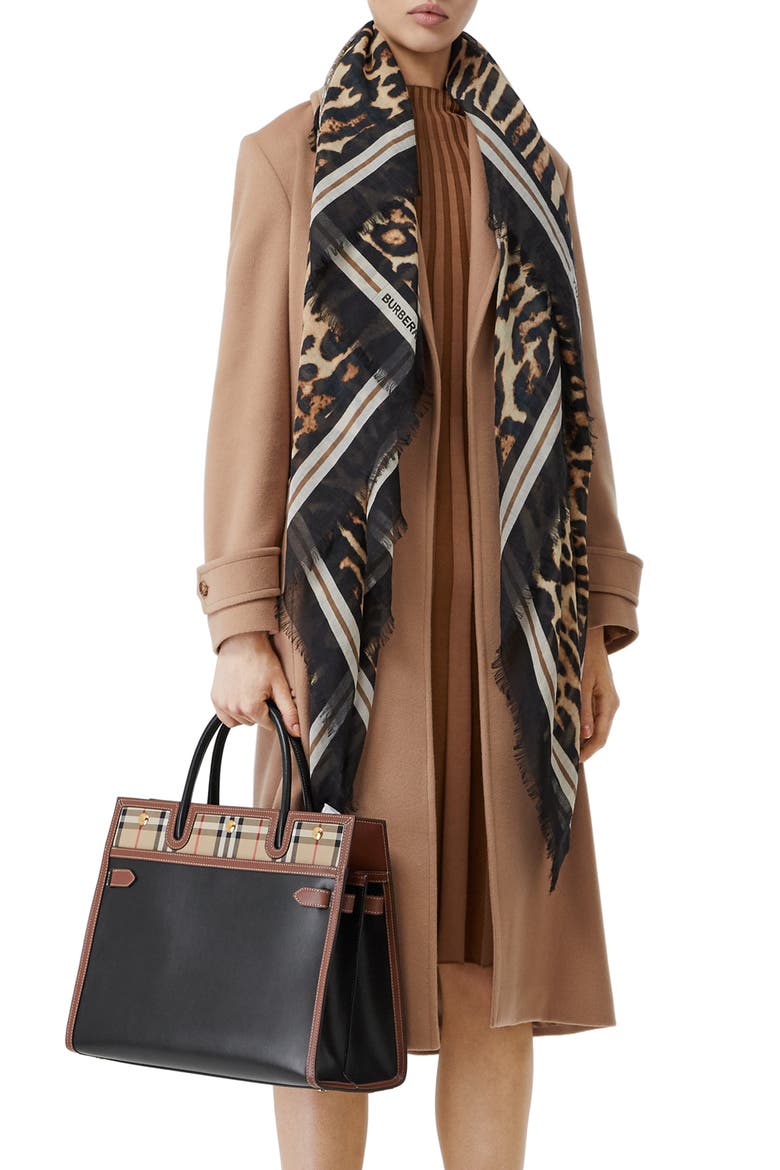 Monogram Leopard Print Wool & Silk Scarf, Main, color, ARCHIVE BEIGE