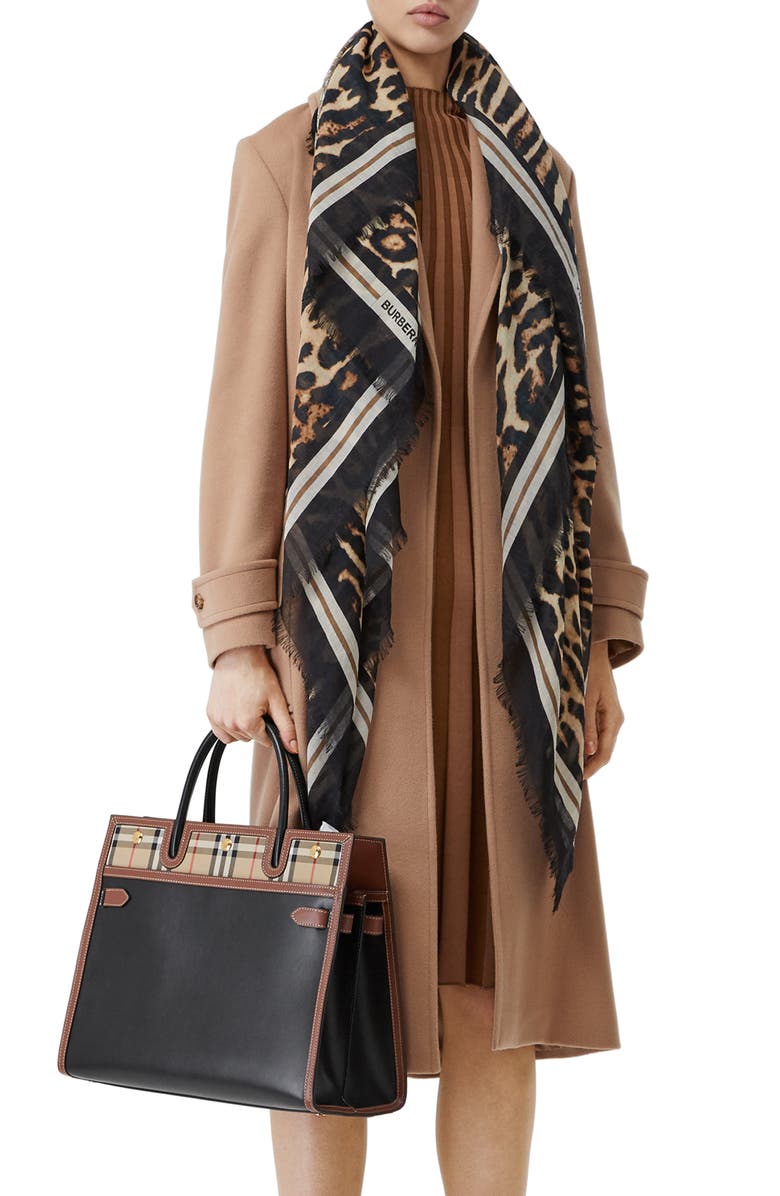 Burberry Monogram Leopard Print Wool & Silk Scarf, Main, color, 