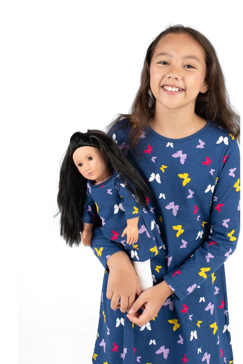 Girls Cotton Dress with Matching Doll Dress, Printed Design, Alternate, color, Butterfly