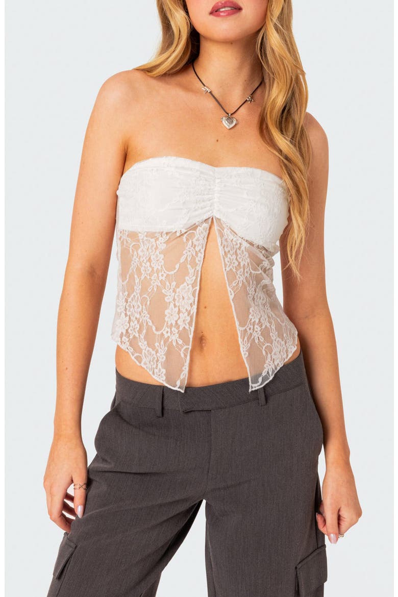 Twilight Split Front Lace Strapless Top, Main, color, WHITE