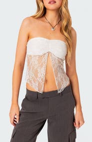 EDIKTED Twilight Split Front Lace Strapless Top | Nordstrom