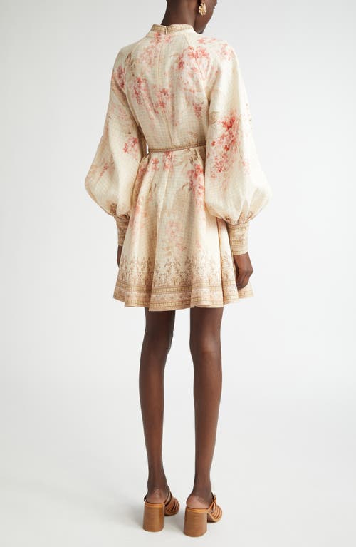 Shop Zimmermann Tropical Floral Long Sleeve Belted Linen Minidress In Coral Floral