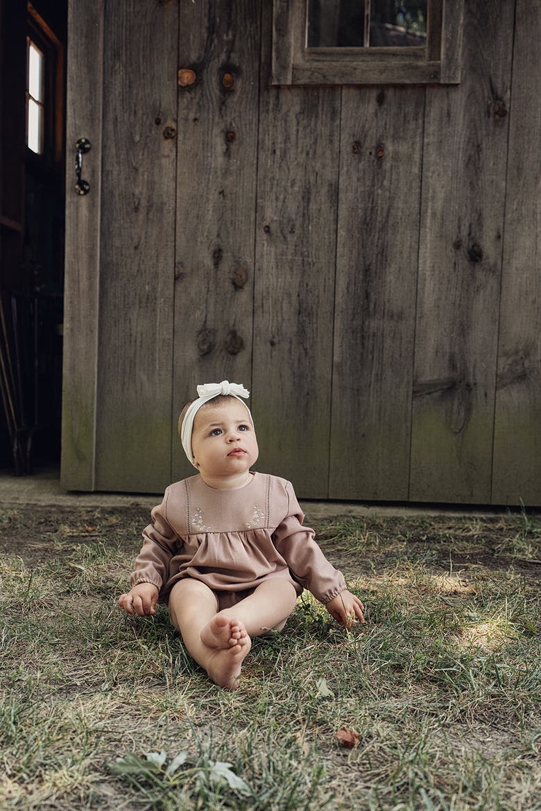 Infant Cream Floral Embroidered Bubble Romper - Rayon-Spandex, Long Sleeve, Crewneck, Zipper and Snap Closure, Alternate, color, Cream