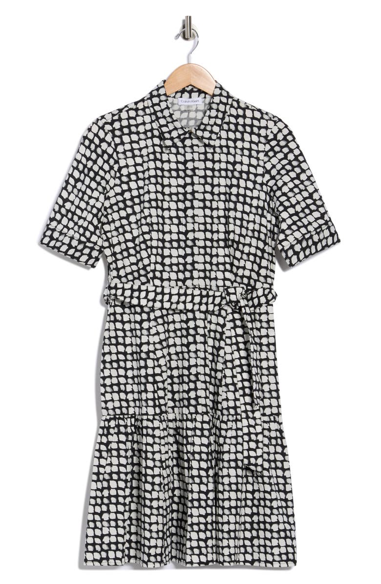 Calvin Klein Geometric Short Sleeve Cotton Shirtdress, Main, color, Black/ Cream