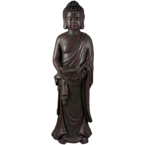 19.5" Gray Standing Buddha with Lotus Outdoor Garden Statue