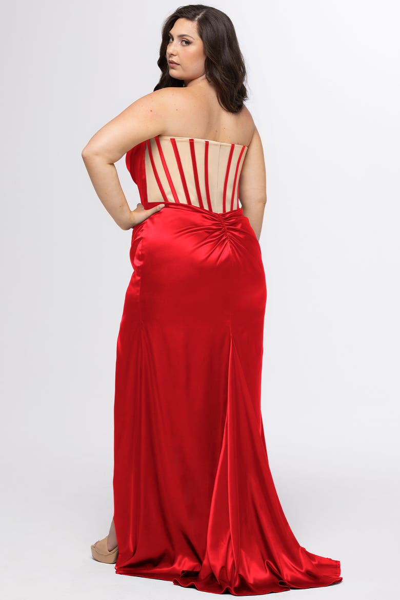 Slim Satin Curvy Prom Dress with Corset Boning, Alternate, color, Ruby