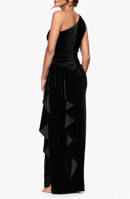 Xscape Evenings One-shoulder Ruffle Stretch Velvet Gown In Black