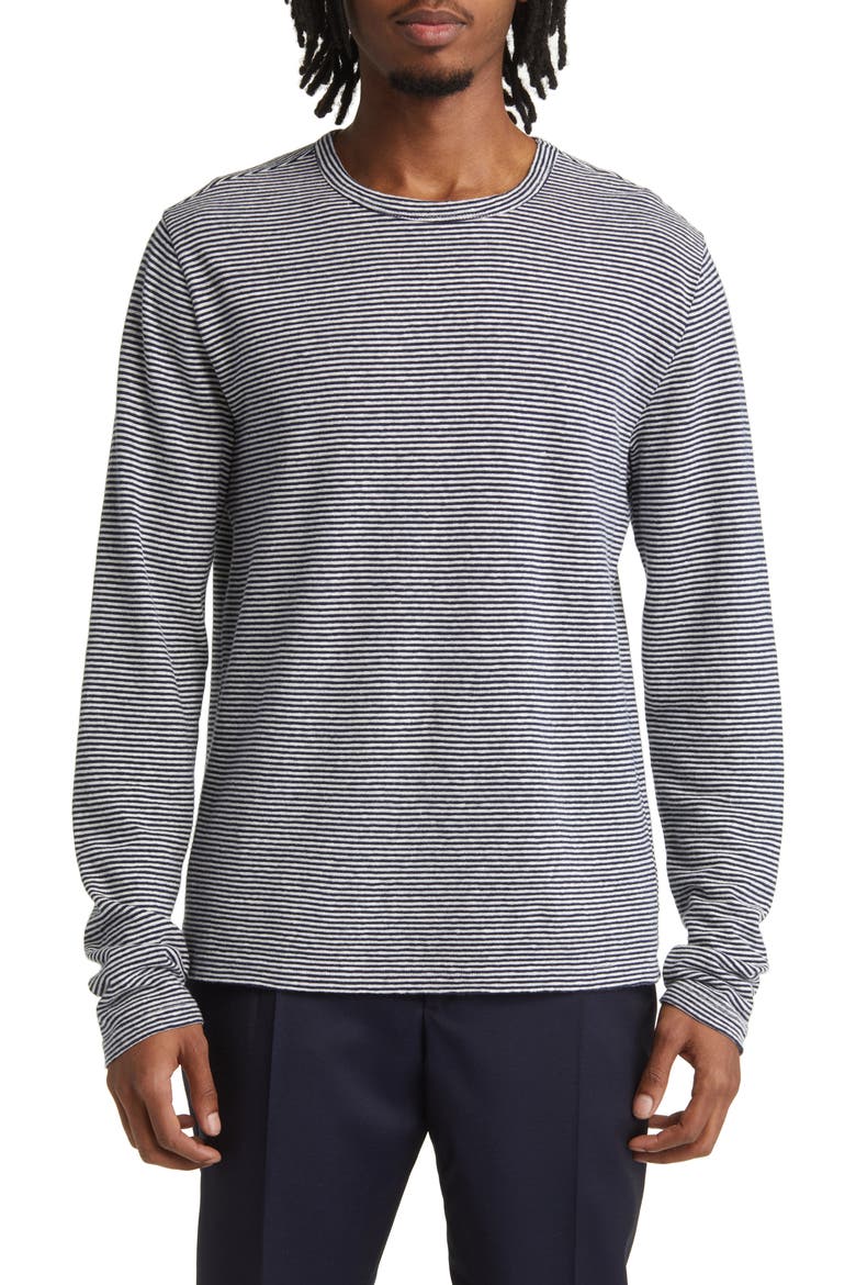 Stripe Long Sleeve Cotton & Linen T-Shirt, Main, color, NAVY/ WHITE