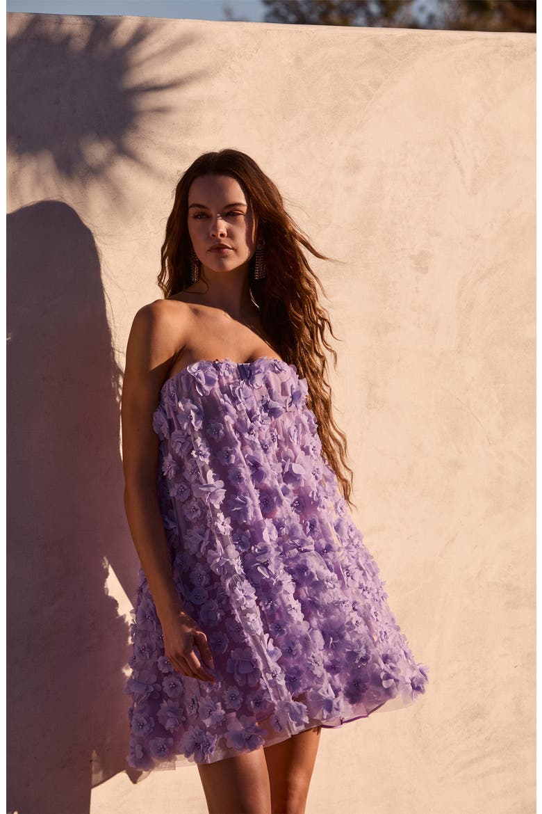 Bianca Floral Appliqué Strapless Babydoll Minidress, Alternate, color, LAVENDER