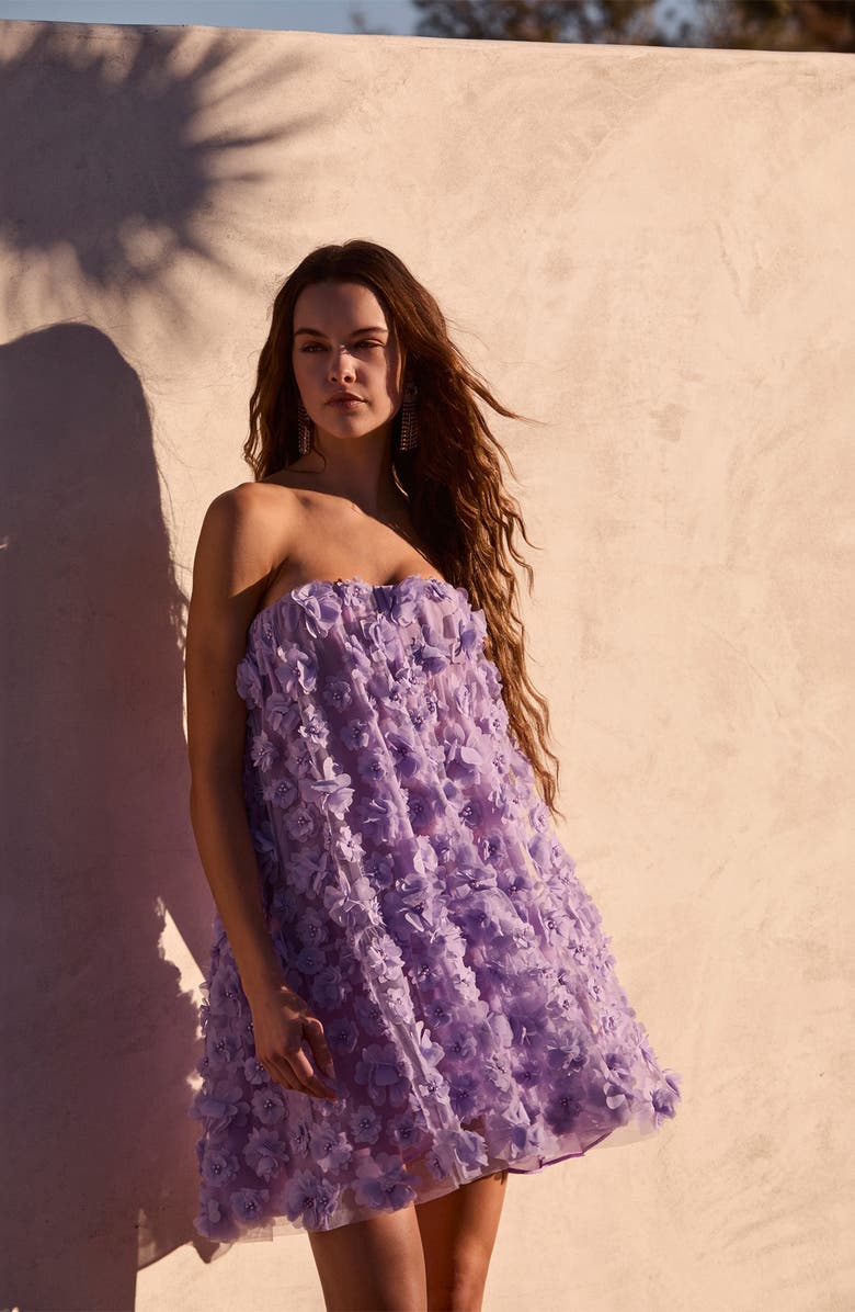 HELSI Bianca Floral Appliqué Strapless Babydoll Minidress, Alternate, color, Lavender