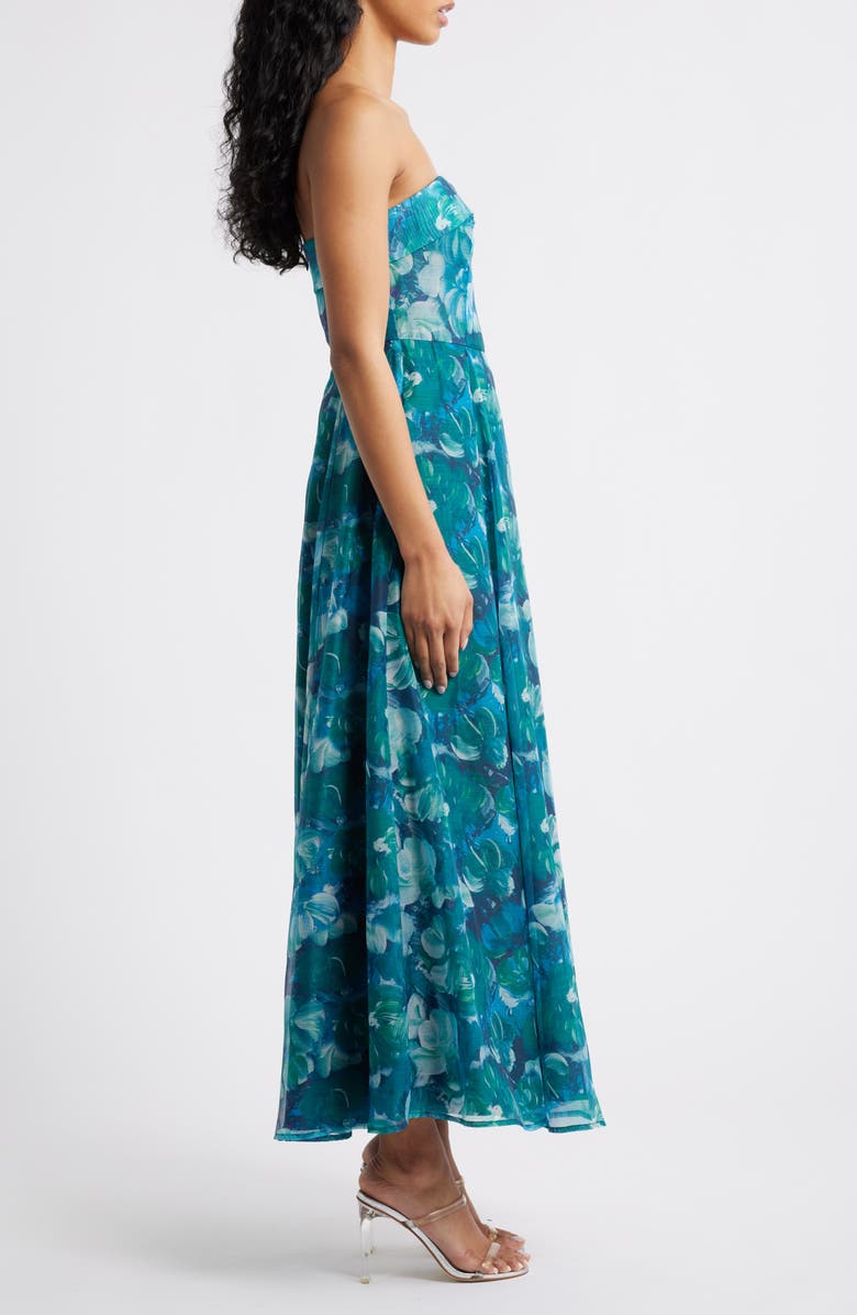 Lulus Elena Strapless Floral Organza Midi Dress, Alternate, color, Blue Multi
