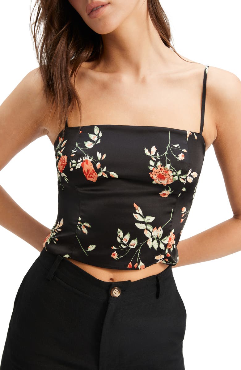 Bardot Sansa Floral Satin Crop Camisole, Alternate, color, Black Floral
