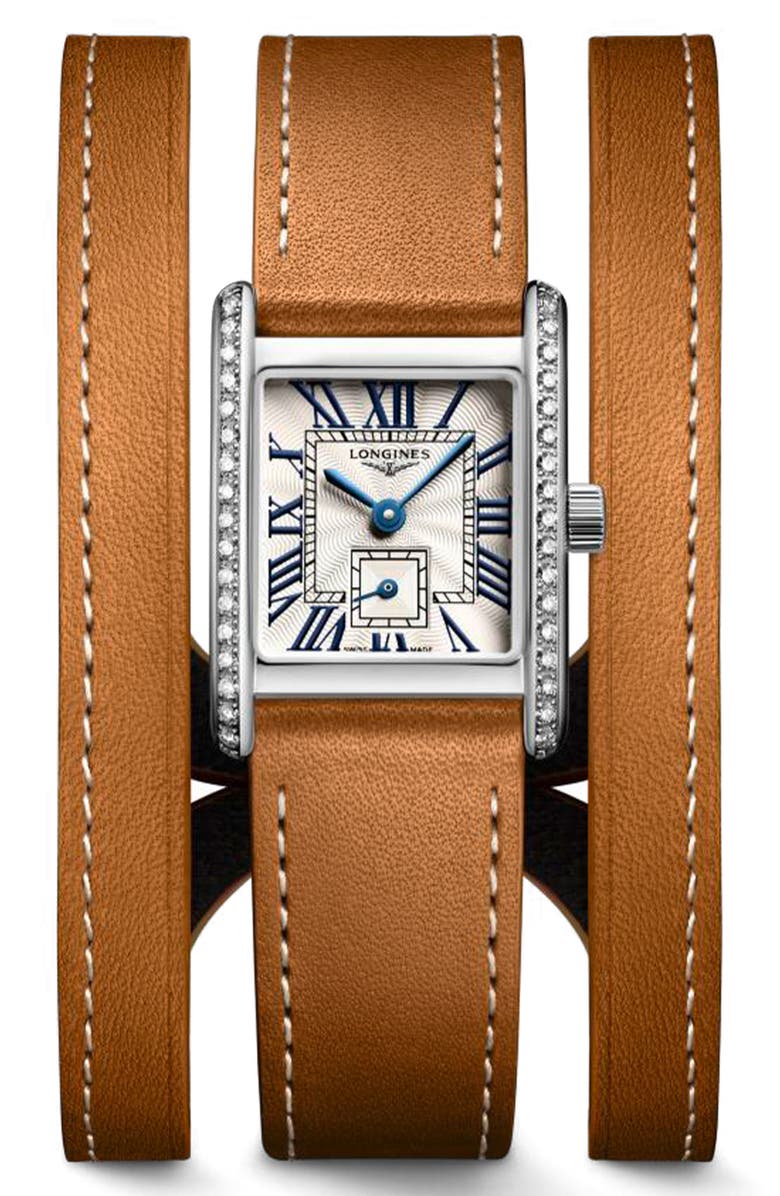 Longines Mini DolceVita Three-Row Brown Leather Strap Watch, 21.5mm x 29mm, Main, color, Silver