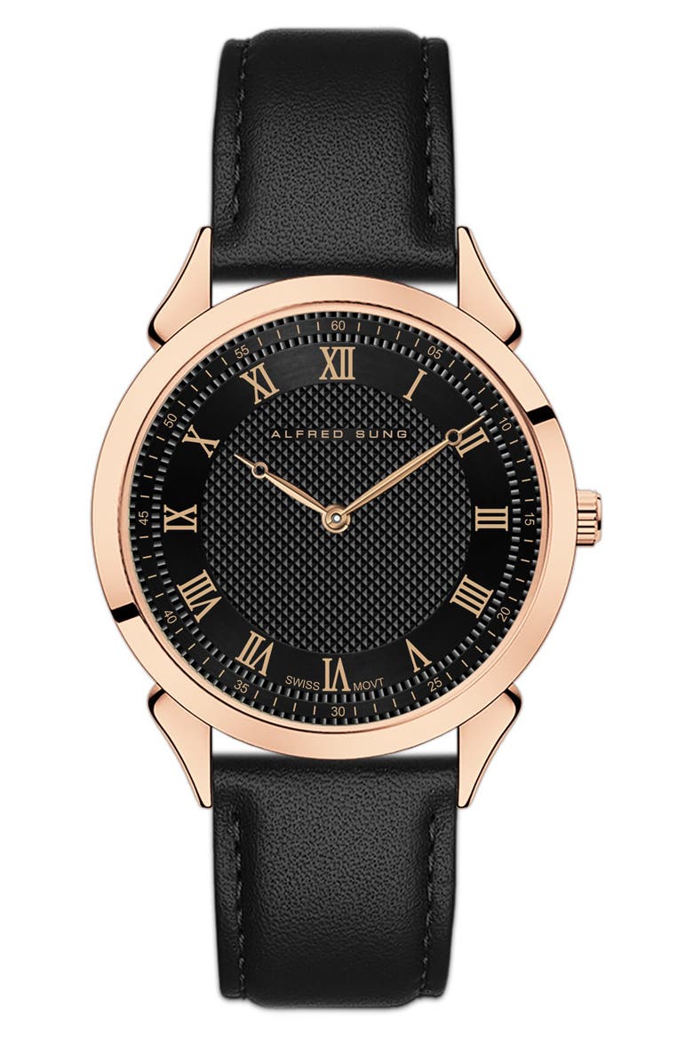 Swiss Heritage Leather Strap Watch, 42mm, Main, color, BLACK STRAP/BLACK DIAL