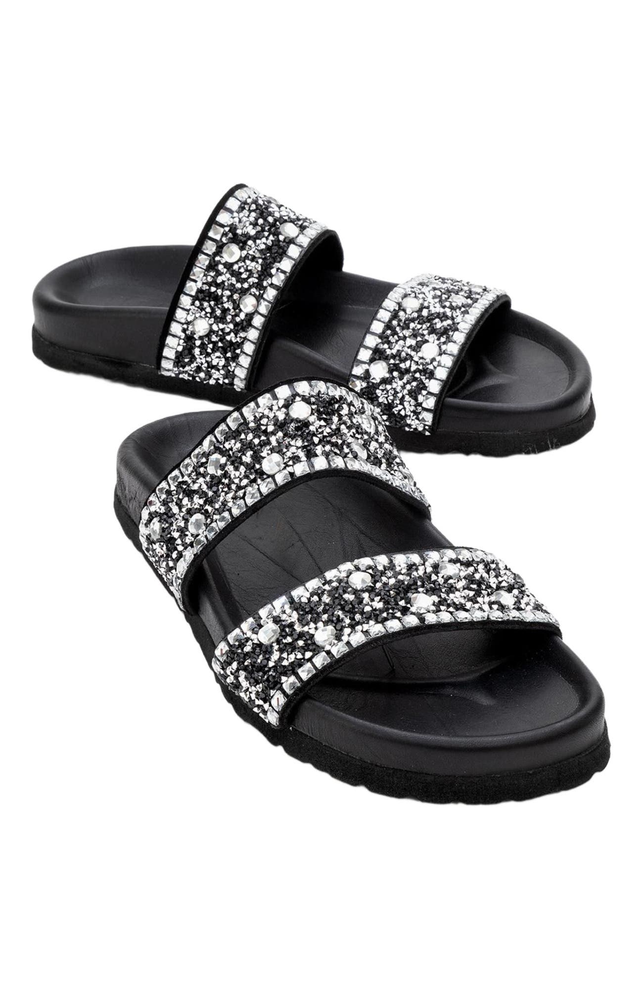 Forever & Always Shoes Jamie Leather Double Strap Slide Sandal with Stones, Alternate, color, Black Leather