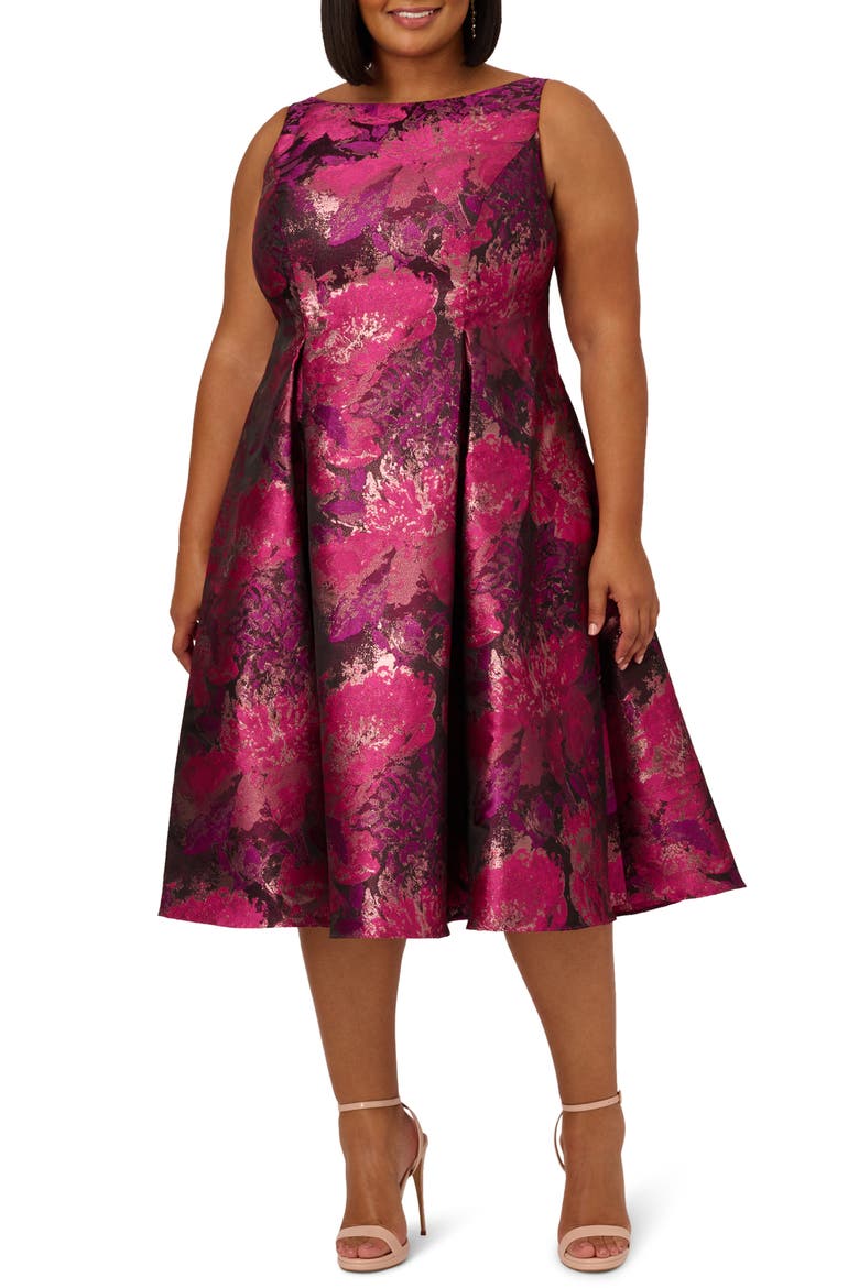 Metallic Floral Jacquard Fit & Flare Dress, Alternate, color, MAGENTA/ ORCHID MULTI