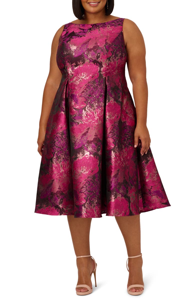 Adrianna Papell Metallic Floral Jacquard Fit & Flare Dress, Alternate, color, 