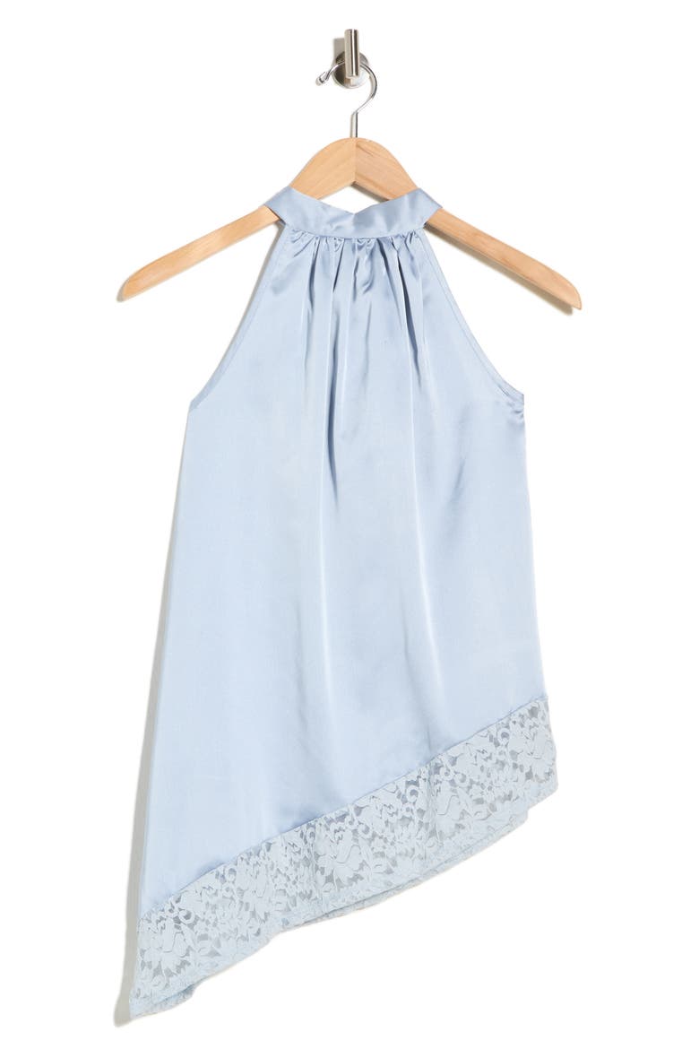 Satin Lace Asymmetrical Halter Top, Alternate, color, STEEL BLUE