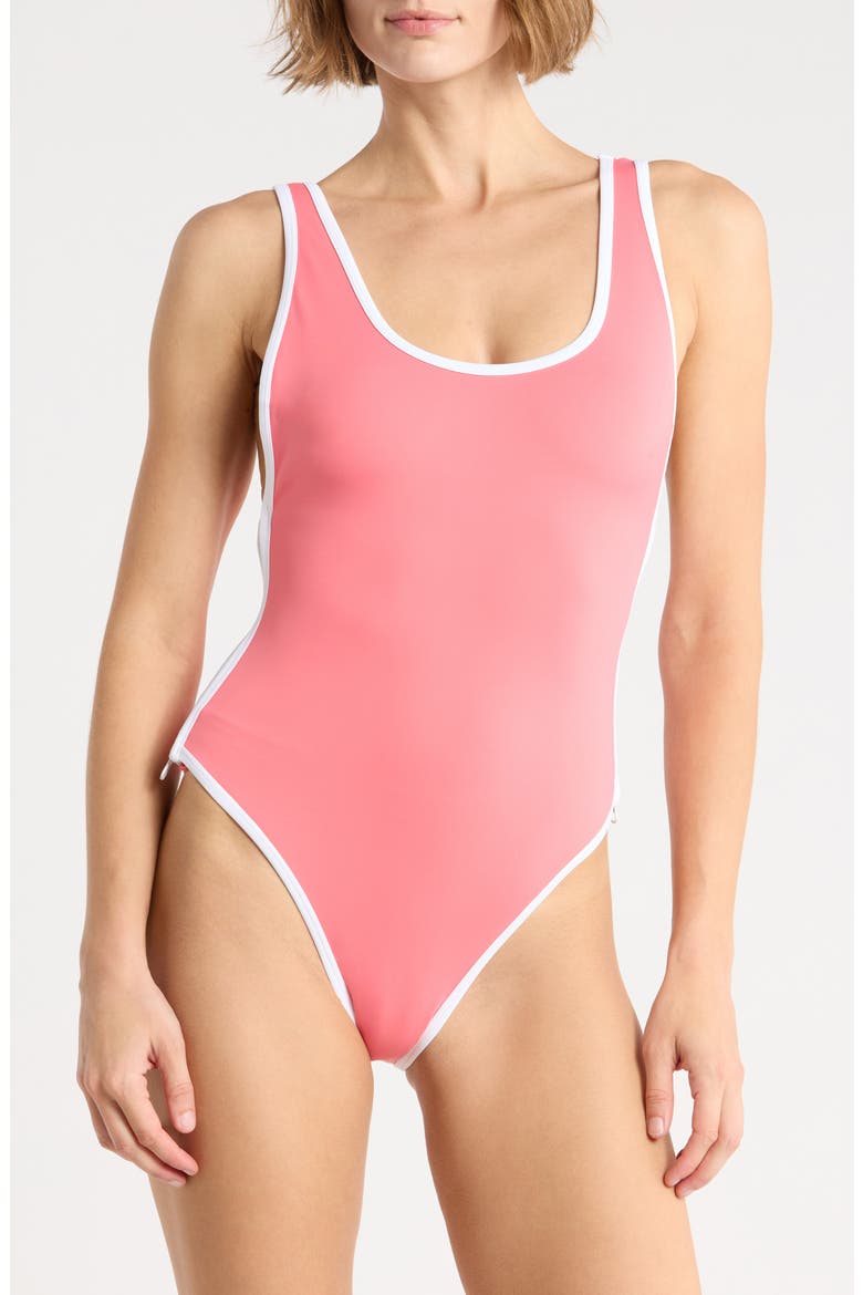 Varsity Layout One-Piece Swimsuit, Main, color, CORAL BLOSSOM