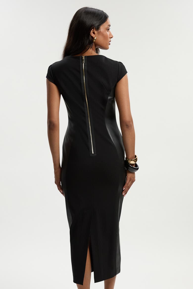 Ponte And Pu Mix Pencil Midi Dress, Alternate, color, Black