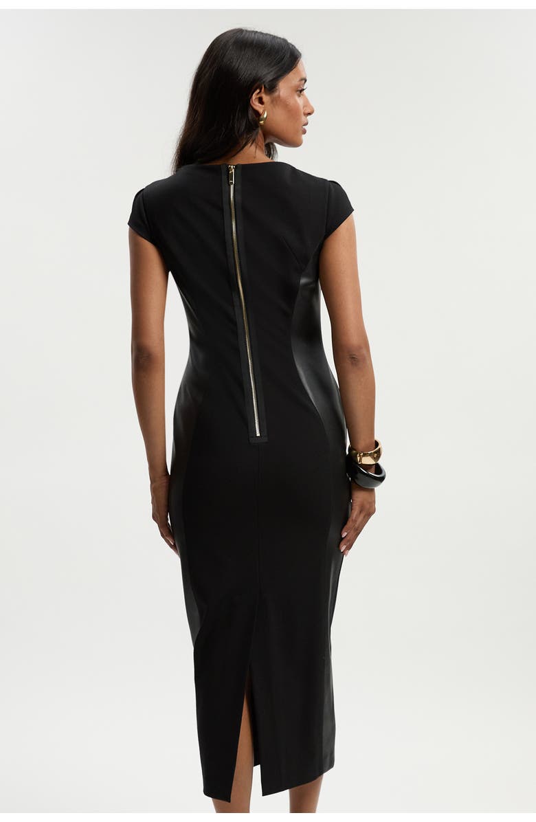 Karen Millen Ponte And Pu Mix Pencil Midi Dress, Alternate, color, Black