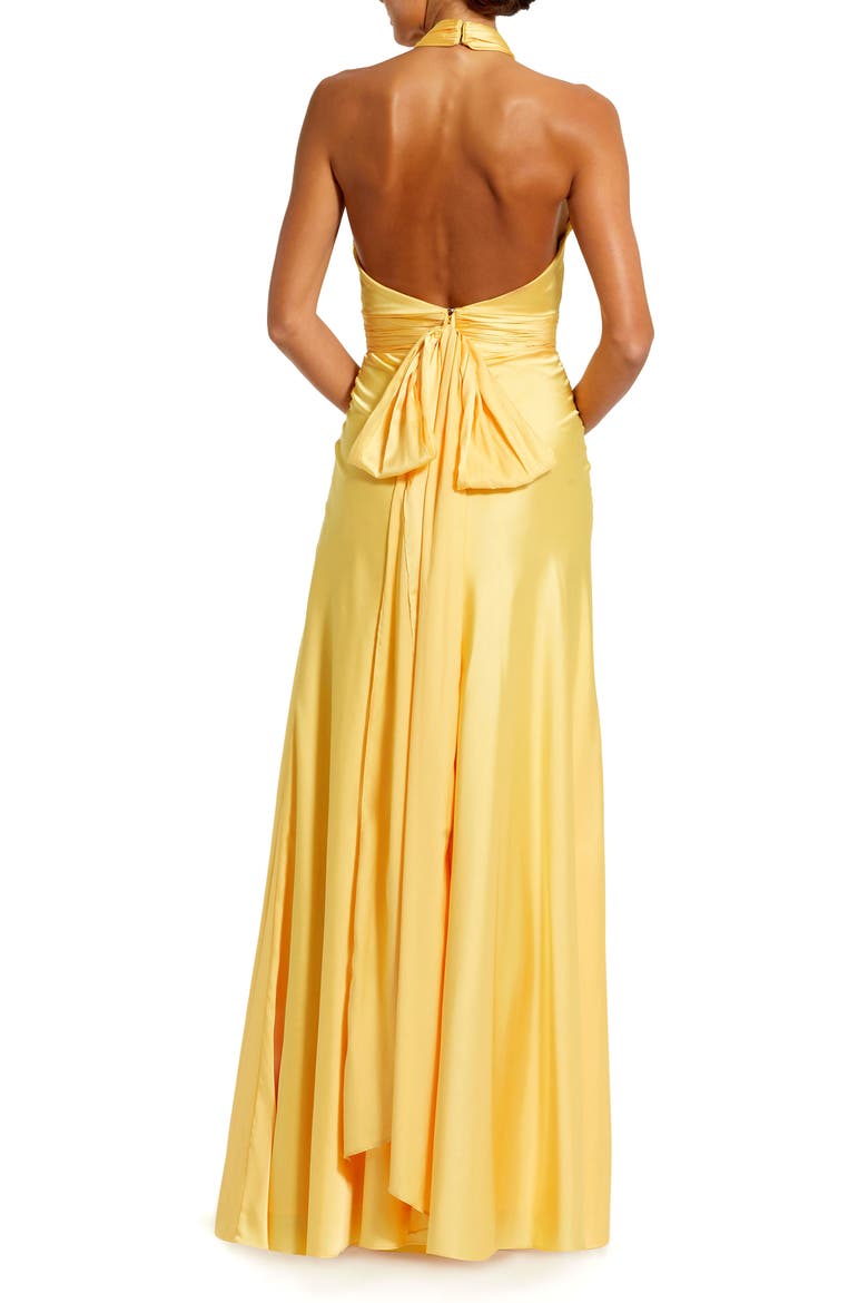 Ruched Halter Neck Tie Back Satin Gown, Alternate, color, Lemon