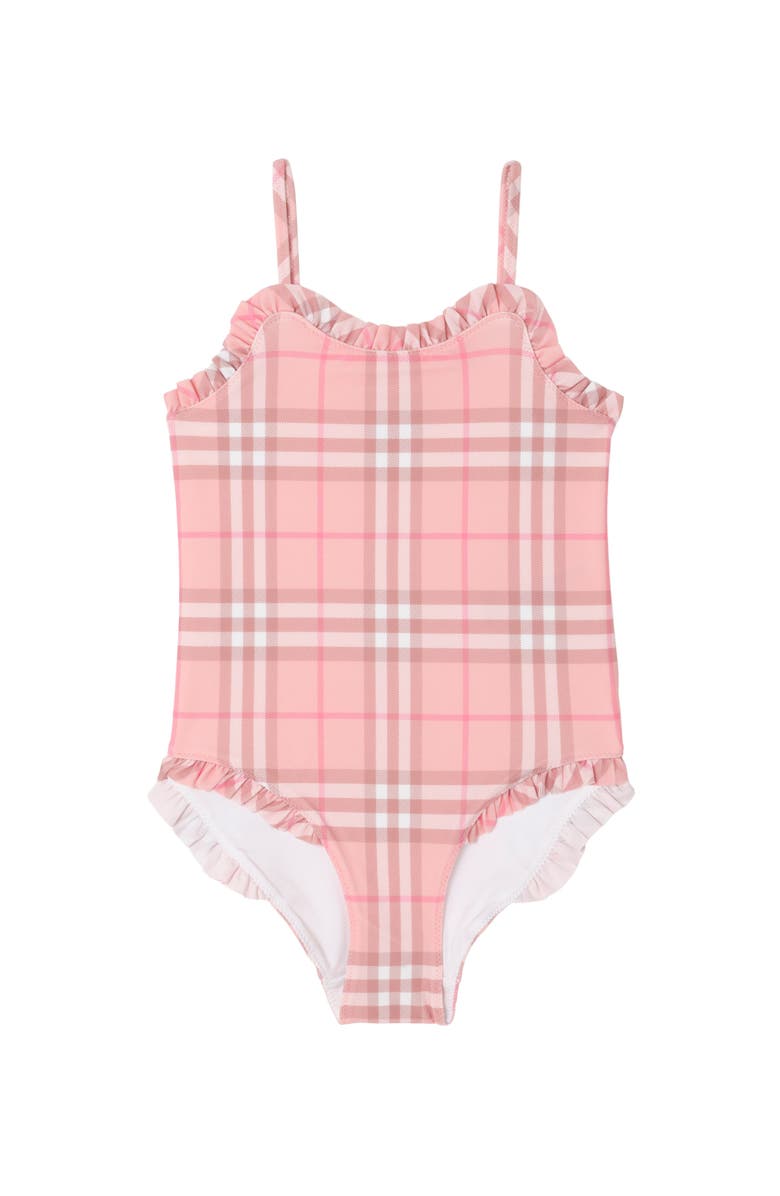 Burberry Ruffle Trim Check Swimsuit, Main, color, Peony Pink