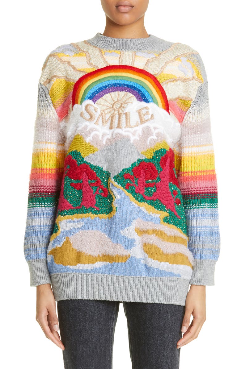 Stella McCartney Festive Smile Intarsia Crewneck Wool Blend Sweater, Main, color, 
