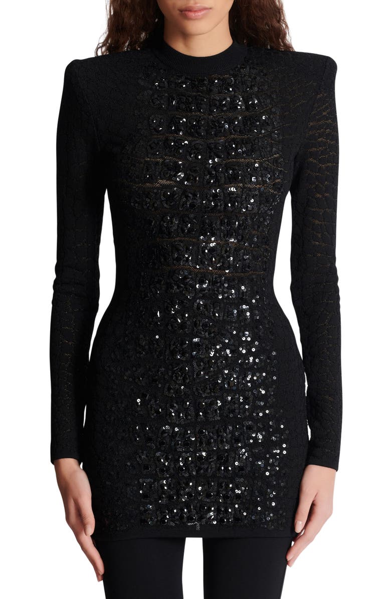 Balmain Short Sequin Dress In Crocodile Knit, Alternate, color, Black