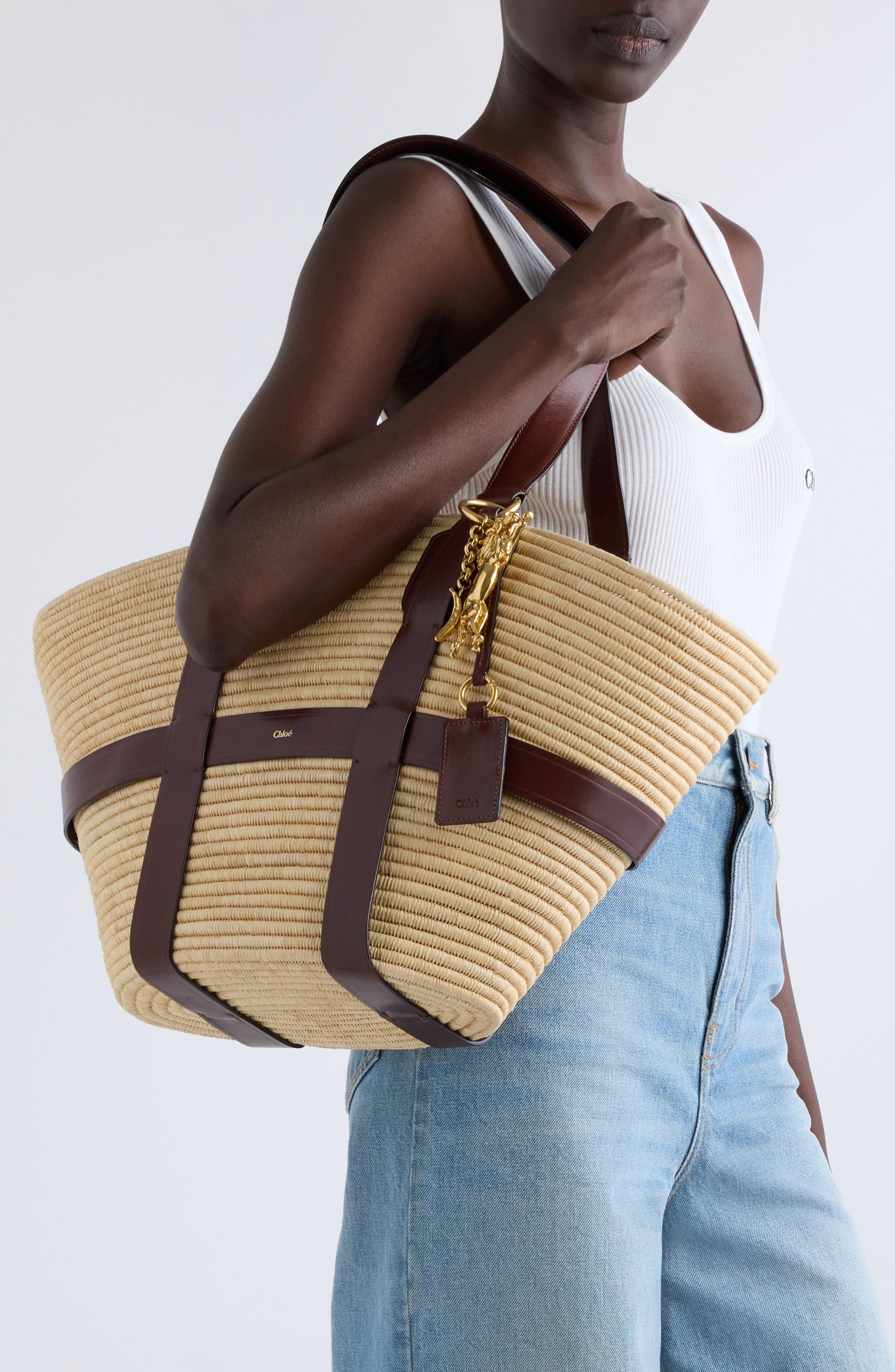 Chloé Kerala Straw & Leather Tote, Alternate, color, 