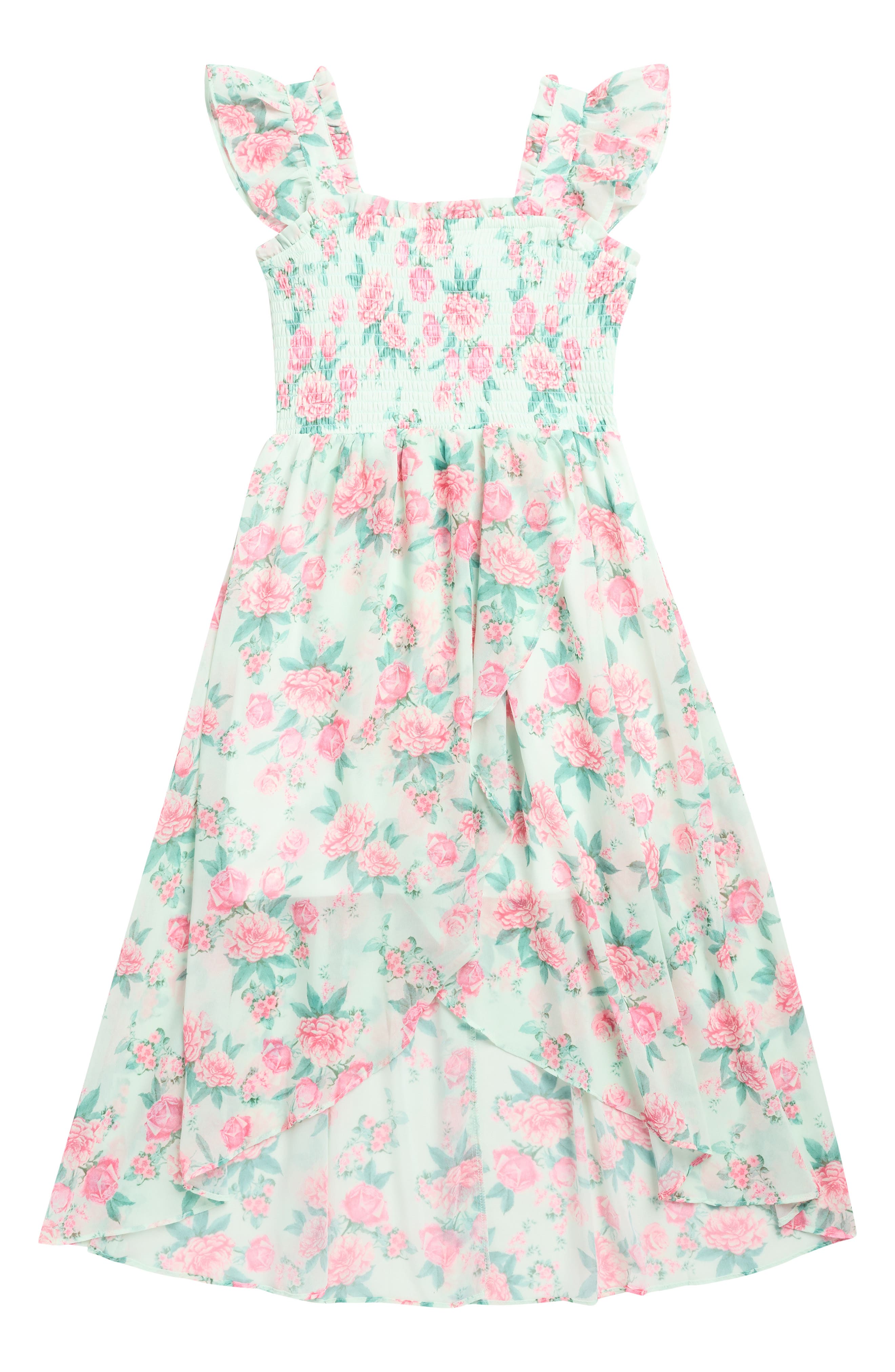 RARE, TOO! Kids' Floral Ruffle Strap Smocked Chiffon Party Dress