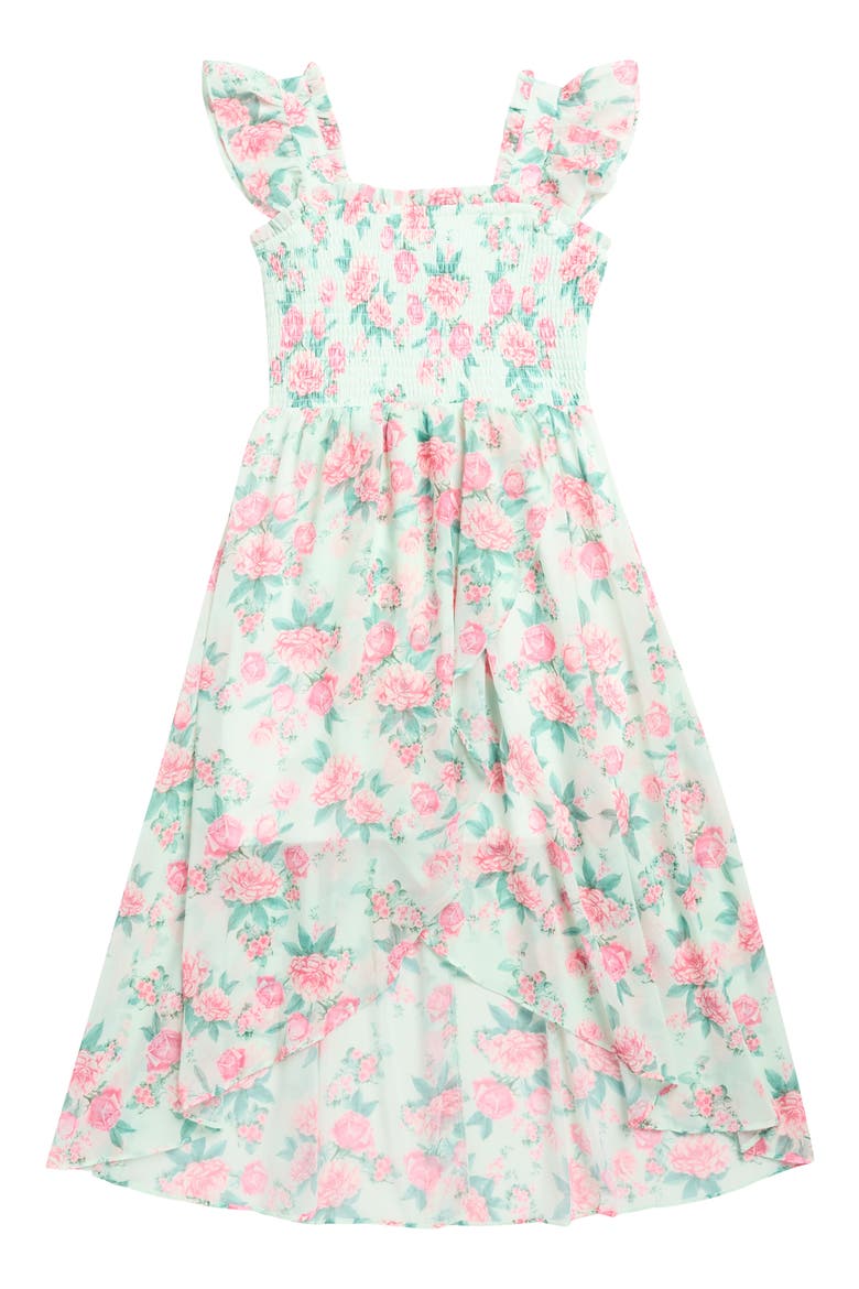 Kids' Floral Ruffle Strap Smocked Chiffon Party Dress, Main, color, MINT