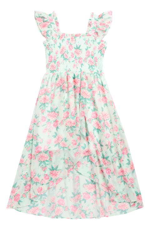 Kids' Floral Ruffle Strap Smocked Chiffon Party Dress (Big Kid)