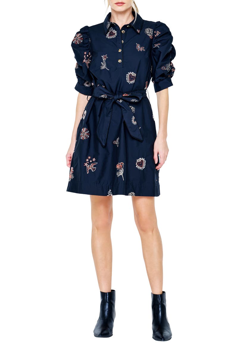Scarlette Floral Embroidery Cotton Shirtdress, Main, color, BLACK