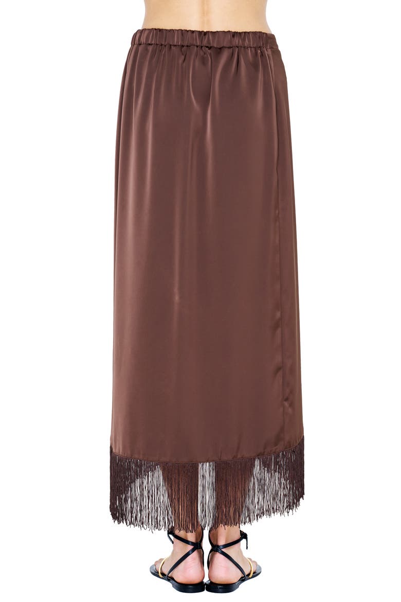 Sana Fringe Trim Satin Midi Skirt, Alternate, color, BROWN