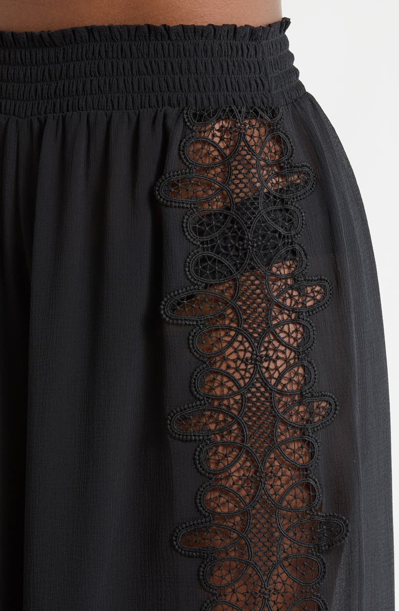 Ramy Brook Athena Lace Semisheer Split Hem Wide Leg Cover-Up Pants, Alternate, color, Black