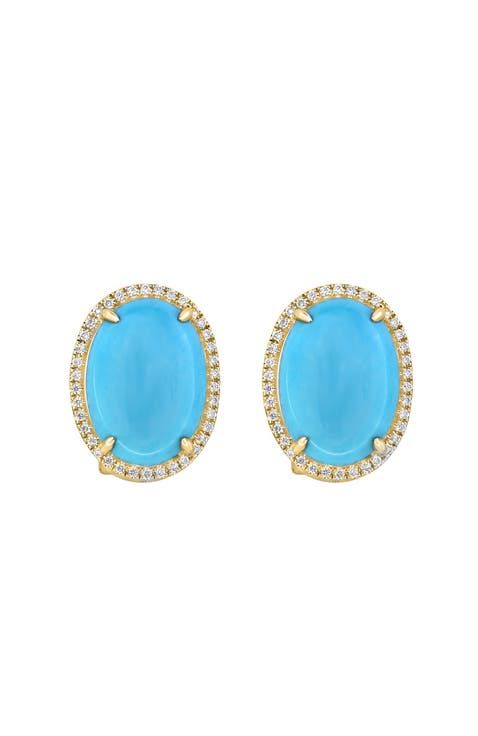14K Yellow Gold Cabochon Turquoise Diamond Stud Earrings