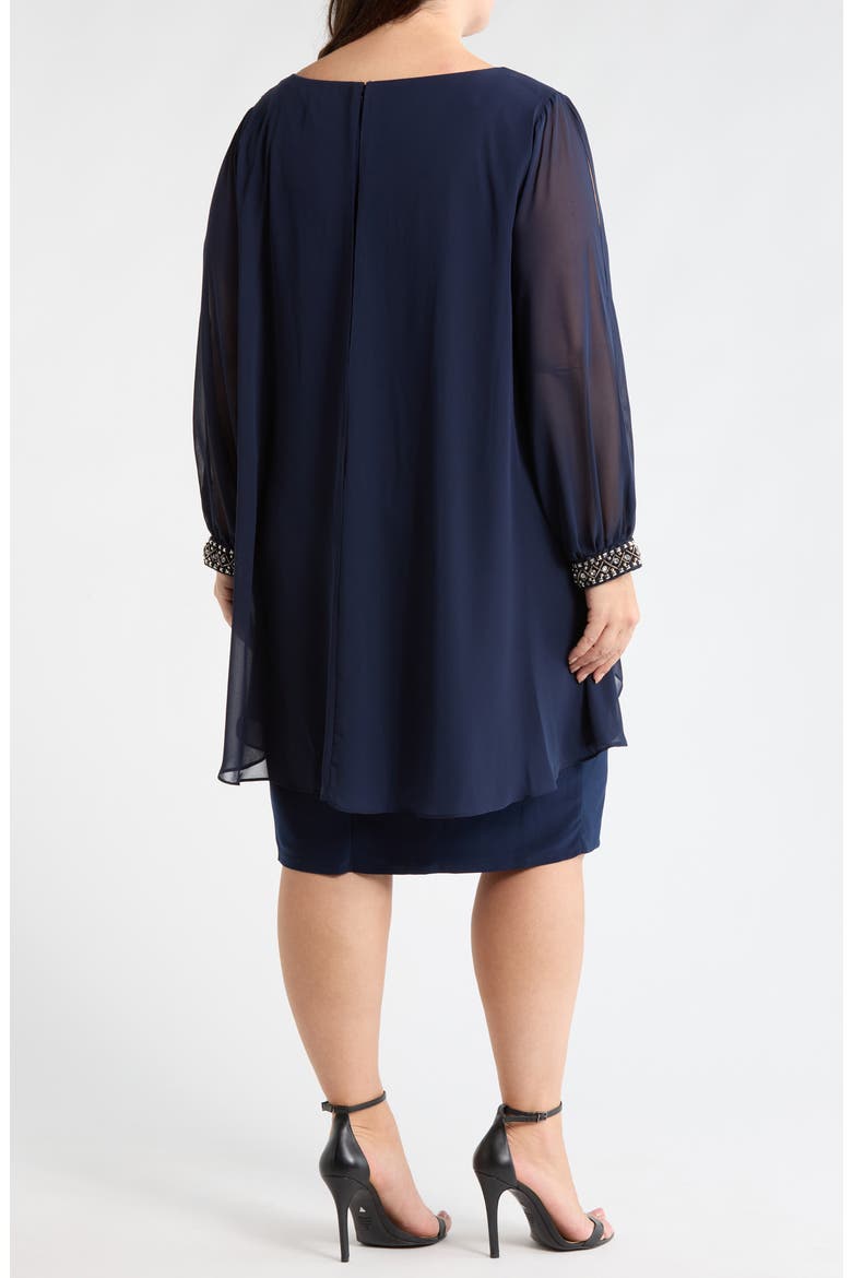 Beaded Overlay Long Sleeve Chiffon Cocktail Dress, Alternate, color, NAVY