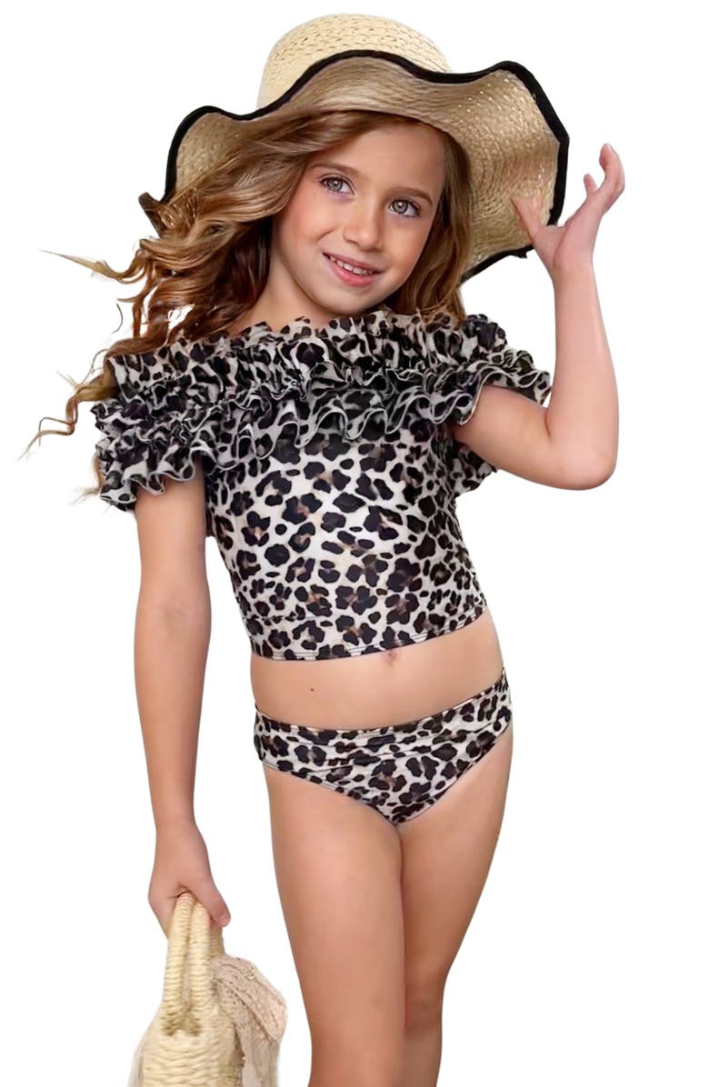 Mia Belle Girls Wildcat Chic Ruffle Tankini Two Piece Swimsuit, Main, color, Leopard