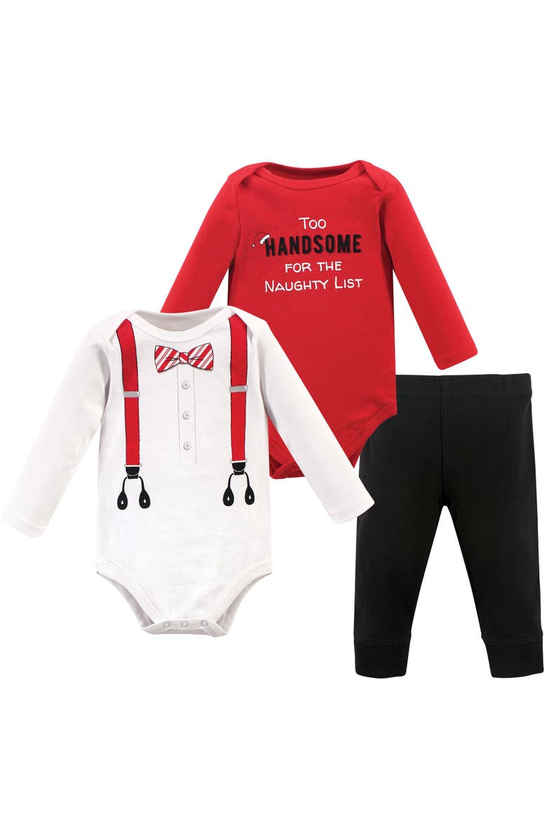 Little Treasure Long Sleeve Bodysuit & Bottoms 3-Piece Set, Main, color, Red Suspenders