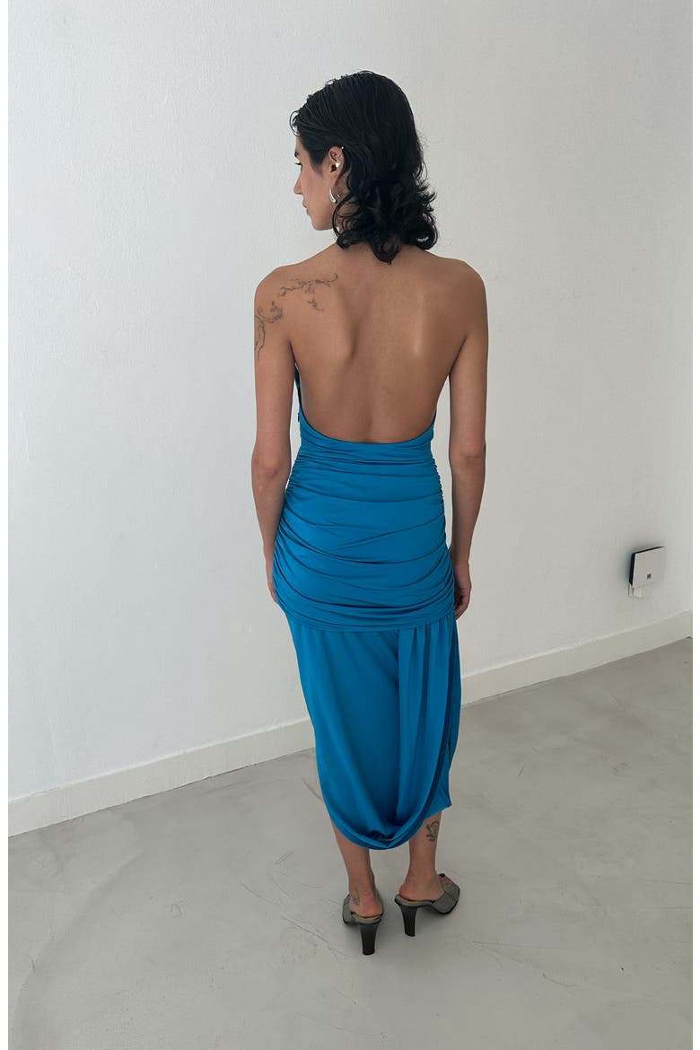 Romy Draped Midi Halterneck Dress, Alternate, color, Bright Blue