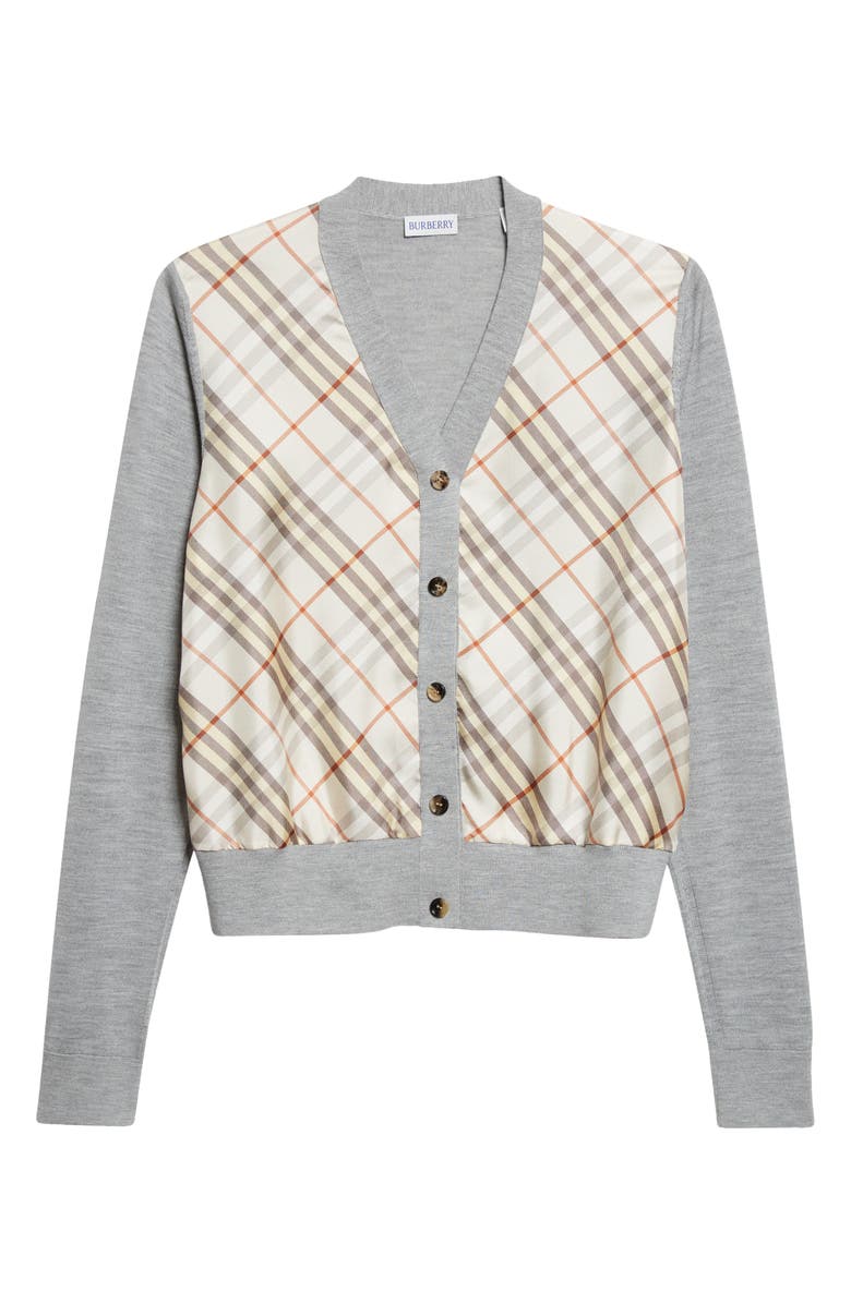 Burberry Sigourney Mixed Media Cardigan, Main, color, Pebble Beige Check